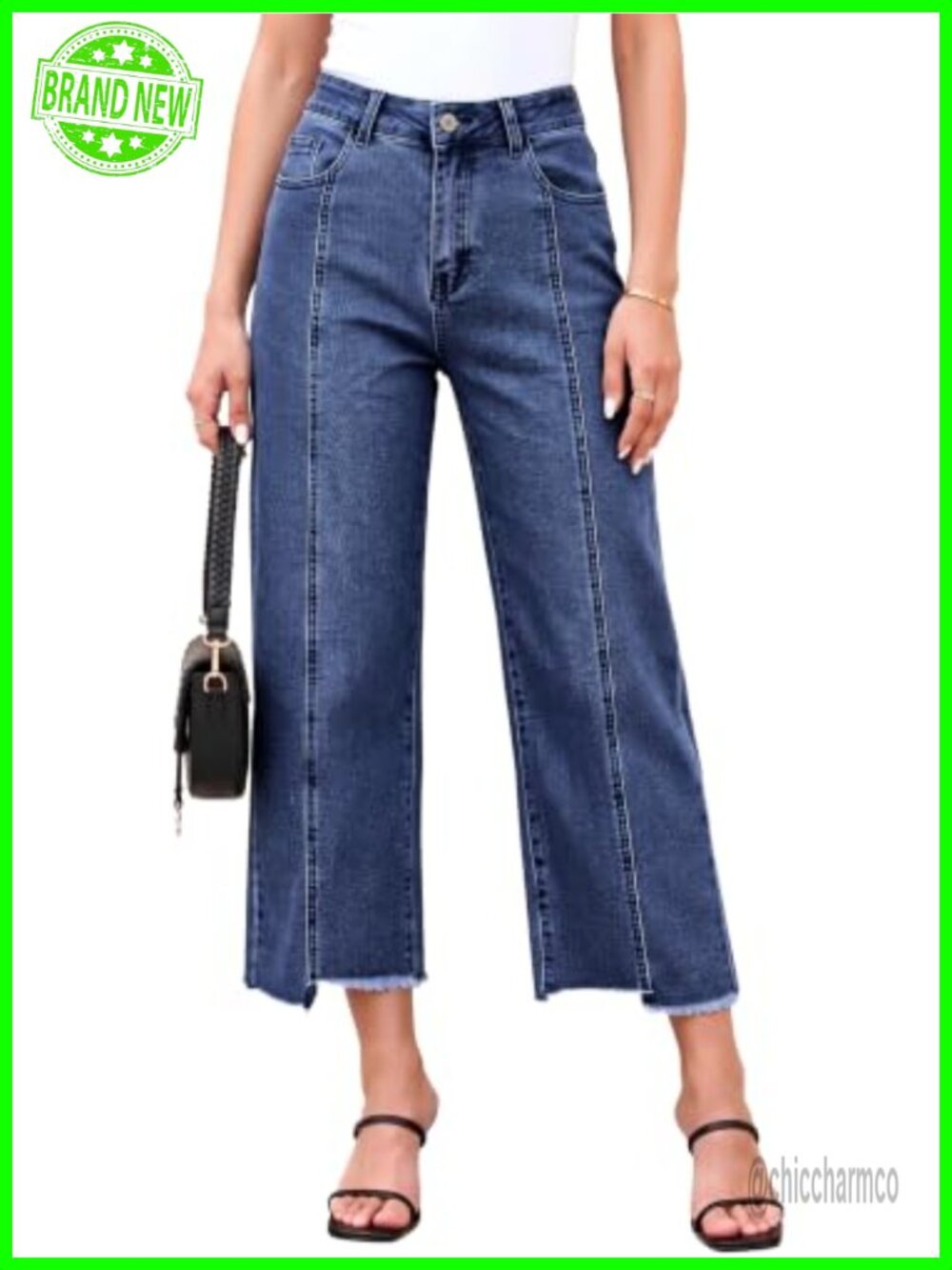 Women's Cropped Wide Leg Straight Jeans Cotton Stretch Raw Hem Casual